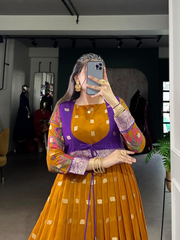 YNF 5031 Mustard Color Poly Cotton Kalamkari Print Zari Weaving Work Gown Casual, Wedding, Festive, Events . Expected Delivery  4-6 Working Days @1999/- only      | Gowns, Bollywood Gowns, Creative Gowns, Designer Gowns, Embroidered Gowns, Party Wear Gowns