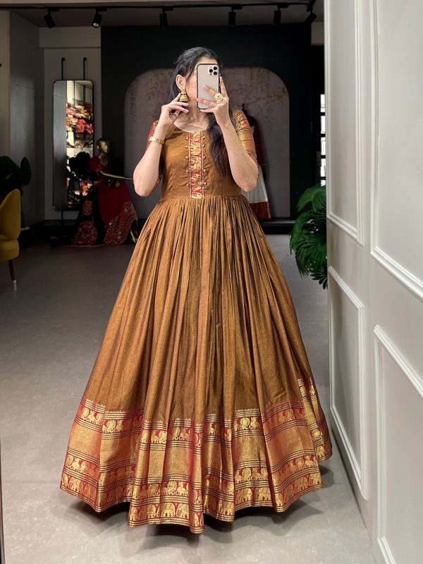 YNF 5316 Mustard Color Narayan pet (cotton) Zari weaving work Gown Casual, Wedding, Festive, Events . Expected Delivery  4-6 Working Days @1799/- only      | Gowns, Bollywood Gowns, Creative Gowns, Designer Gowns, Embroidered Gowns, Party Wear Gowns