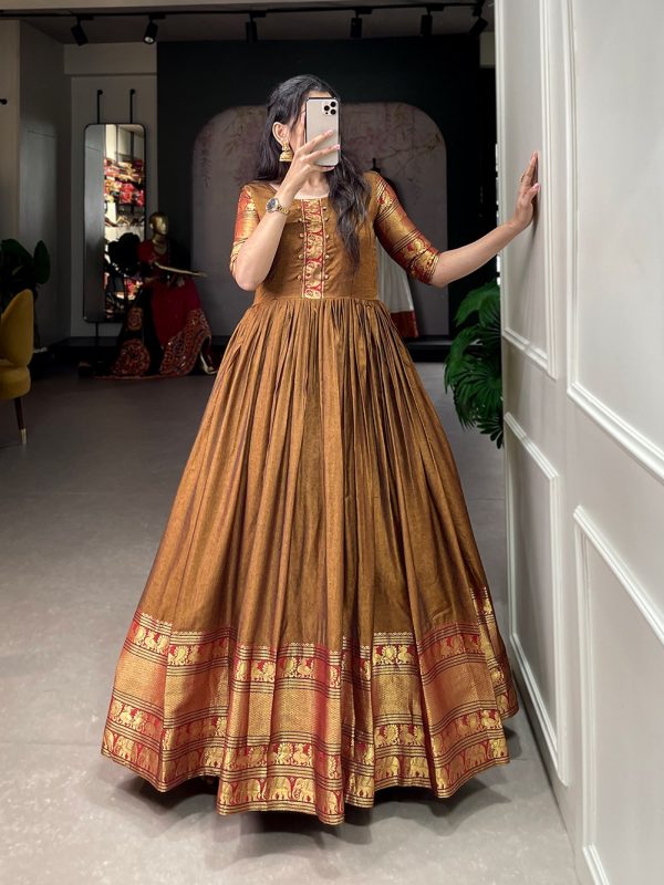 YNF 5316 Mustard Color Narayan pet (cotton) Zari weaving work Gown Casual, Wedding, Festive, Events . Expected Delivery  4-6 Working Days @1799/- only      | Gowns, Bollywood Gowns, Creative Gowns, Designer Gowns, Embroidered Gowns, Party Wear Gowns