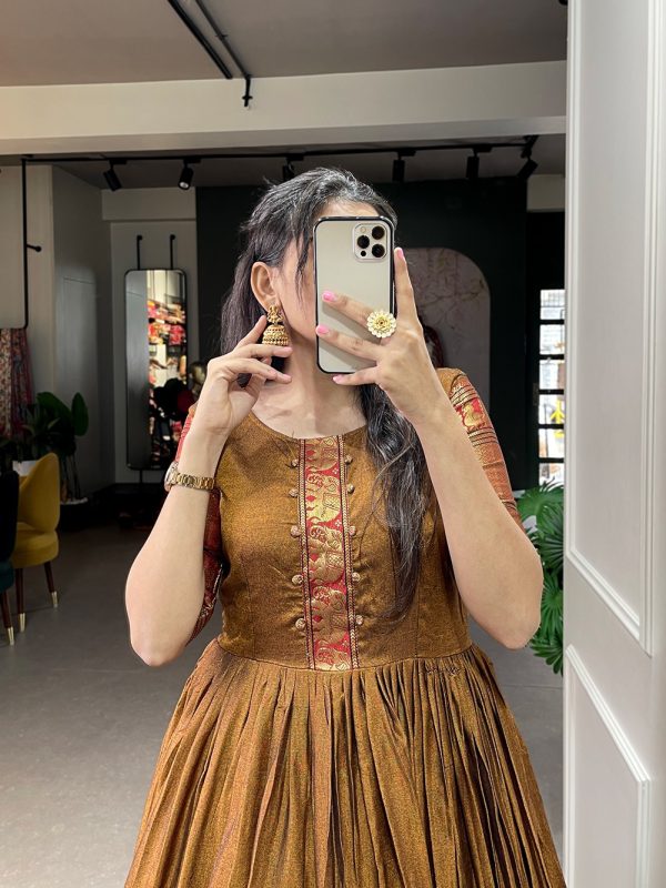 YNF 5316 Mustard Color Narayan pet (cotton) Zari weaving work Gown Casual, Wedding, Festive, Events . Expected Delivery  4-6 Working Days @1799/- only      | Gowns, Bollywood Gowns, Creative Gowns, Designer Gowns, Embroidered Gowns, Party Wear Gowns