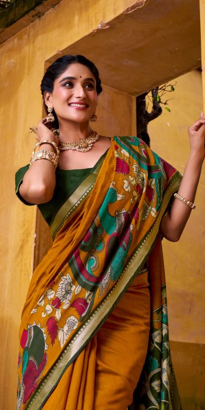 YNF 7048 Mustard Color Polyester Chanderi Kalamkari Weaving Work Saree Casual, Wedding, Festive, Events . Expected Delivery  4-6 Working Days @1499/- only                                | Sarees, Bollywood Sarees, Creative Sarees, Designer Sarees, Embroidered Sarees, Ethnic Saree, Modern Digital sarees, Party Wear Sarees