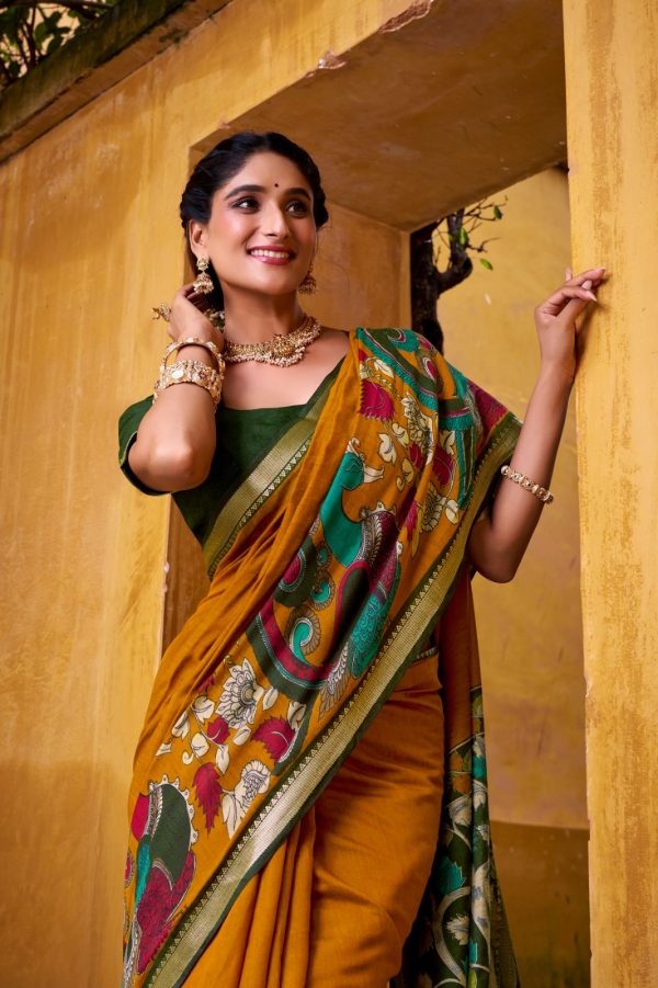 YNF 7048 Mustard Color Polyester Chanderi Kalamkari Weaving Work Saree Casual, Wedding, Festive, Events . Expected Delivery  4-6 Working Days @1499/- only                                | Sarees, Bollywood Sarees, Creative Sarees, Designer Sarees, Embroidered Sarees, Ethnic Saree, Modern Digital sarees, Party Wear Sarees