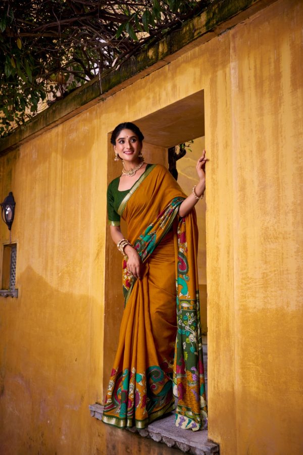 YNF 7048 Mustard Color Polyester Chanderi Kalamkari Weaving Work Saree Casual, Wedding, Festive, Events . Expected Delivery  4-6 Working Days @1499/- only                                | Sarees, Bollywood Sarees, Creative Sarees, Designer Sarees, Embroidered Sarees, Ethnic Saree, Modern Digital sarees, Party Wear Sarees