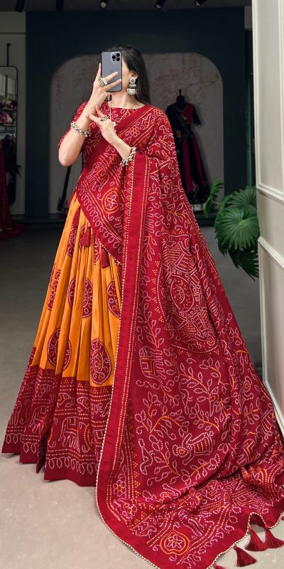 LNB 1229 Mustard Color Tasar Silk Bandhej Print Lehenga Choli Wedding, Party, Festive, Events Etc. Delivery 4-6 Working Days Rs 2249 | Lehenga, Bollywood Lehenga, Creative Lehenga, Designer Lehenga, Embroidered Lehenga, Party Wear Lehenga