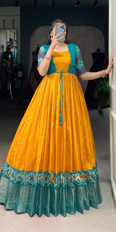 YNF 5028 Mustard Color Tasar Chex Patola With Weaving Work Border Gown Casual, Wedding, Festive, Events . Expected Delivery  4-6 Working Days @1799/- only      | Gowns, Bollywood Gowns, Creative Gowns, Designer Gowns, Embroidered Gowns, Party Wear Gowns