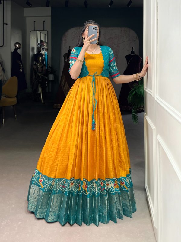 YNF 5028 Mustard Color Tasar Chex Patola With Weaving Work Border Gown Casual, Wedding, Festive, Events . Expected Delivery  4-6 Working Days @1799/- only      | Gowns, Bollywood Gowns, Creative Gowns, Designer Gowns, Embroidered Gowns, Party Wear Gowns