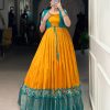 YNF 5028 Mustard Color Tasar Chex Patola With Weaving Work Border Gown Casual, Wedding, Festive, Events . Expected Delivery  4-6 Working Days @1799/- only      | Gowns, Bollywood Gowns, Creative Gowns, Designer Gowns, Embroidered Gowns, Party Wear Gowns