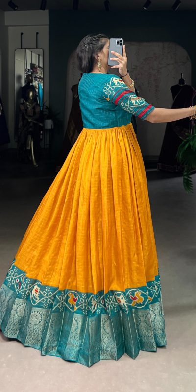 YNF 5028 Mustard Color Tasar Chex Patola With Weaving Work Border Gown Casual, Wedding, Festive, Events . Expected Delivery  4-6 Working Days @1799/- only      | Gowns, Bollywood Gowns, Creative Gowns, Designer Gowns, Embroidered Gowns, Party Wear Gowns