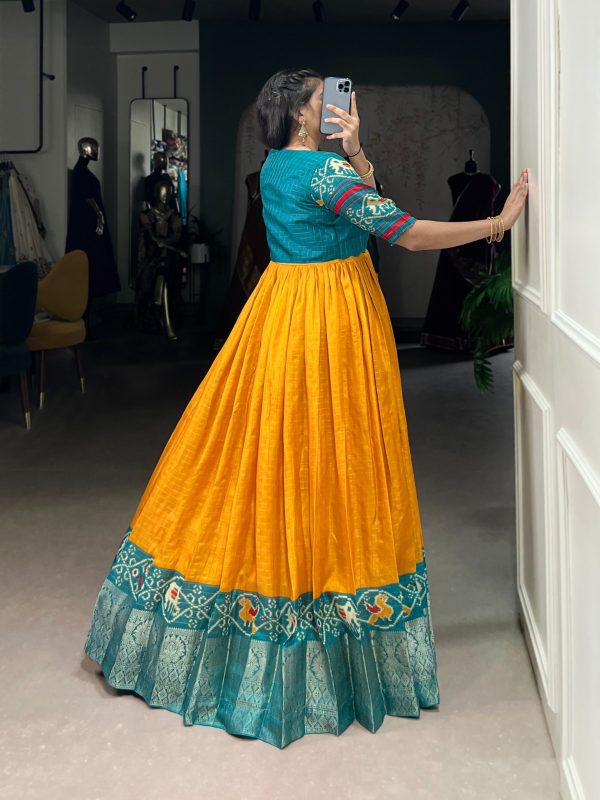 YNF 5028 Mustard Color Tasar Chex Patola With Weaving Work Border Gown Casual, Wedding, Festive, Events . Expected Delivery  4-6 Working Days @1799/- only      | Gowns, Bollywood Gowns, Creative Gowns, Designer Gowns, Embroidered Gowns, Party Wear Gowns