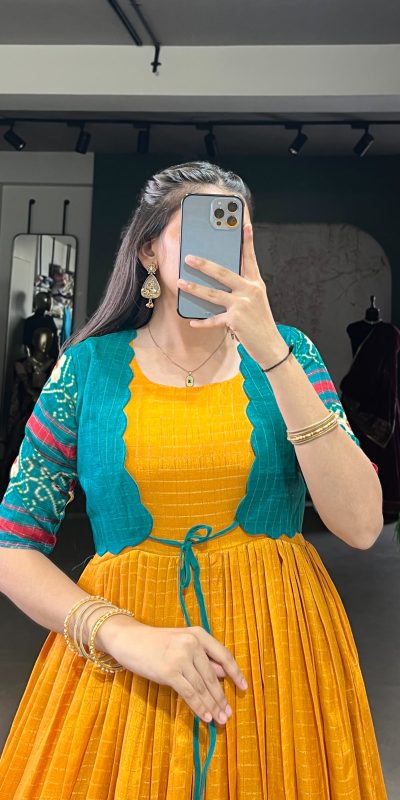 YNF 5028 Mustard Color Tasar Chex Patola With Weaving Work Border Gown Casual, Wedding, Festive, Events . Expected Delivery  4-6 Working Days @1799/- only      | Gowns, Bollywood Gowns, Creative Gowns, Designer Gowns, Embroidered Gowns, Party Wear Gowns