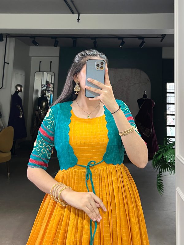 YNF 5028 Mustard Color Tasar Chex Patola With Weaving Work Border Gown Casual, Wedding, Festive, Events . Expected Delivery  4-6 Working Days @1799/- only      | Gowns, Bollywood Gowns, Creative Gowns, Designer Gowns, Embroidered Gowns, Party Wear Gowns