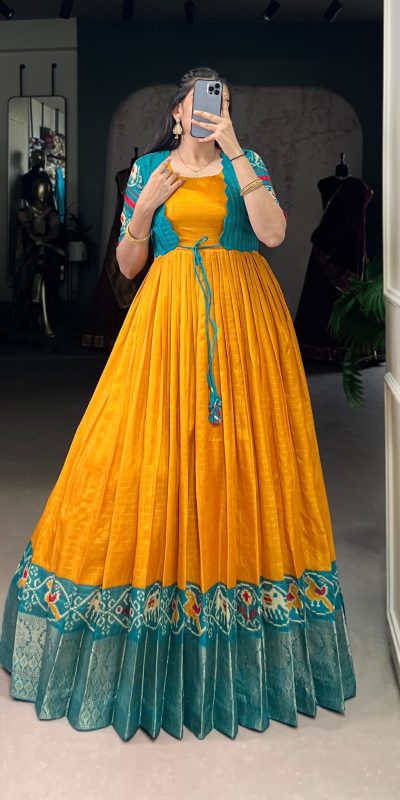 YNF 5028 Mustard Color Tasar Chex Patola With Weaving Work Border Gown Casual, Wedding, Festive, Events . Expected Delivery  4-6 Working Days @1799/- only      | Gowns, Bollywood Gowns, Creative Gowns, Designer Gowns, Embroidered Gowns, Party Wear Gowns