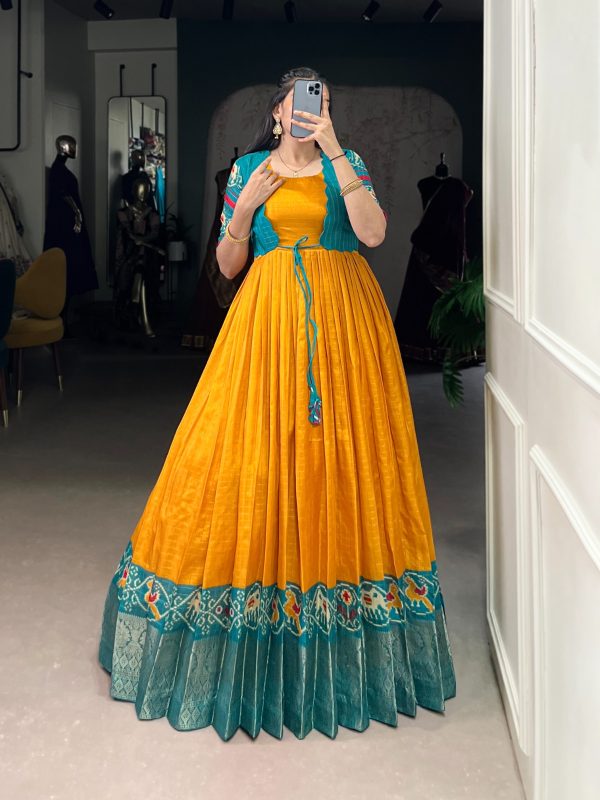 YNF 5028 Mustard Color Tasar Chex Patola With Weaving Work Border Gown Casual, Wedding, Festive, Events . Expected Delivery  4-6 Working Days @1799/- only      | Gowns, Bollywood Gowns, Creative Gowns, Designer Gowns, Embroidered Gowns, Party Wear Gowns