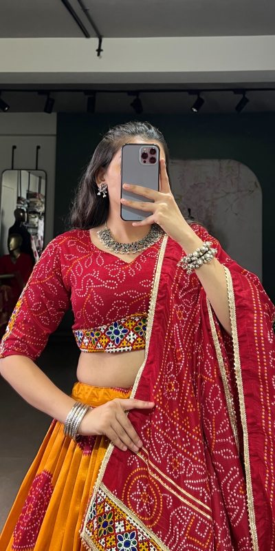 LNB 1736 Mustard Color Tasar Silk Bandhej Print And Gamthi Work Lehenga Choli Wedding, Party, Festive, Events Etc. Delivery 4-6 Working Days Rs 3499 | Lehenga, Bollywood Lehenga, Creative Lehenga, Designer Lehenga, Embroidered Lehenga, Party Wear Lehenga