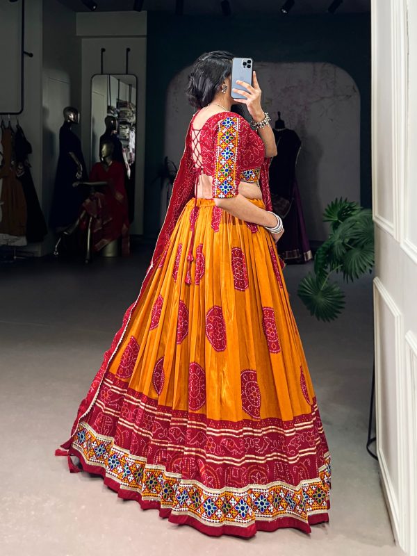 LNB 1736 Mustard Color Tasar Silk Bandhej Print And Gamthi Work Lehenga Choli Wedding, Party, Festive, Events Etc. Delivery 4-6 Working Days Rs 3499 | Lehenga, Bollywood Lehenga, Creative Lehenga, Designer Lehenga, Embroidered Lehenga, Party Wear Lehenga