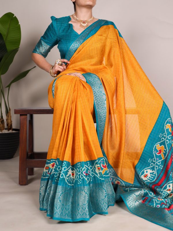 YNF 7029 Mustard Color Tussar Chex Patola Print Weaving Work Border Saree Casual, Wedding, Festive, Events . Expected Delivery  4-6 Working Days @1499/- only                                | Sarees, Bollywood Sarees, Creative Sarees, Designer Sarees, Embroidered Sarees, Ethnic Saree, Modern Digital sarees, Party Wear Sarees