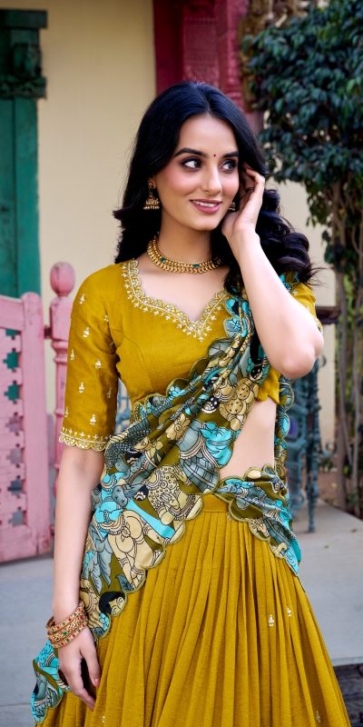 LNB 1237 Mustard Color Vichitra Sequins and Embroidery Work Kalamkari Lehenga Choli Wedding, Party, Festive, Events Etc. Delivery 4-6 Working Days Rs 3299 | Lehenga, Bollywood Lehenga, Creative Lehenga, Designer Lehenga, Embroidered Lehenga, Party Wear Lehenga