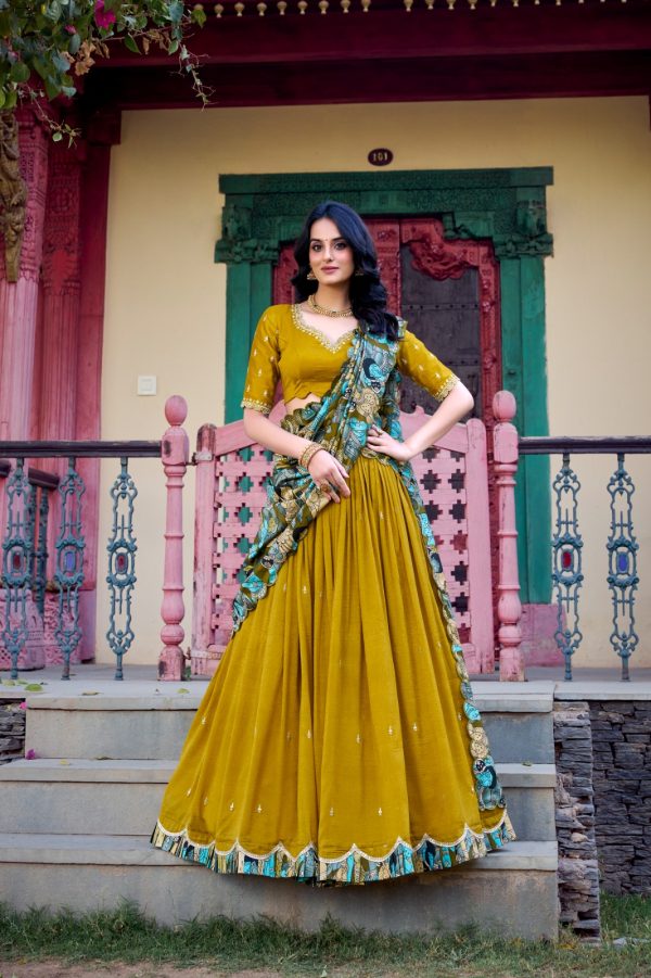 LNB 1237 Mustard Color Vichitra Sequins and Embroidery Work Kalamkari Lehenga Choli Wedding, Party, Festive, Events Etc. Delivery 4-6 Working Days Rs 3299 | Lehenga, Bollywood Lehenga, Creative Lehenga, Designer Lehenga, Embroidered Lehenga, Party Wear Lehenga