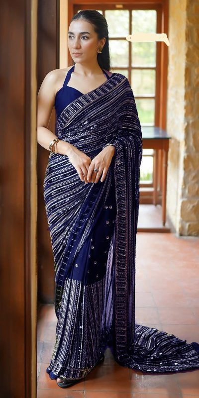 DF 3451 Navy Blue Color Faux Georgette 5mm Sequence Embroidery Work Saree Casual, Wedding, Festive, Events . Expected Delivery  4-6 Working Days @1799/- only                                                 | Sarees, Bollywood Sarees, Creative Sarees, Designer Sarees, Embroidered Sarees, Ethnic Saree, Modern Digital sarees, Party Wear Sarees