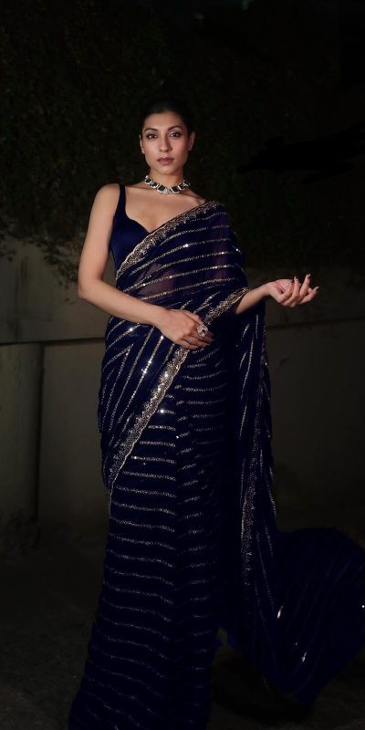 DF 3393 Navy Blue Color Georgette 5MM Sequins Embroidery Work Saree Casual, Wedding, Festive, Events . Expected Delivery  4-6 Working Days @1799/- only                                                 | Sarees, Bollywood Sarees, Creative Sarees, Designer Sarees, Embroidered Sarees, Ethnic Saree, Modern Digital sarees, Party Wear Sarees
