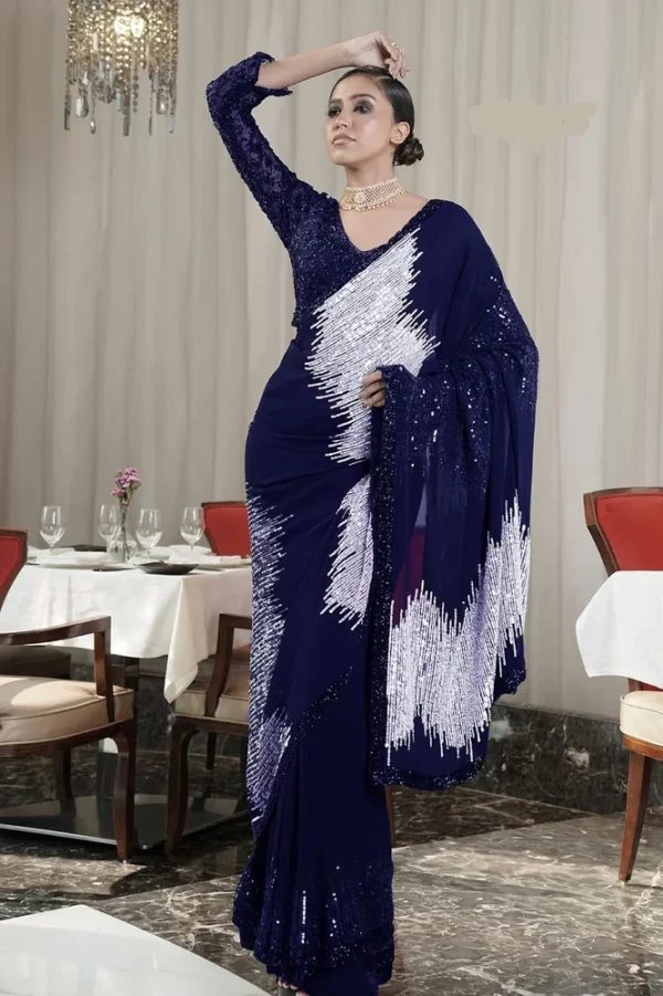 DF 3424 Navy Blue Color Georgette Heavy 5MM Sequins embroidery Work Saree Casual, Wedding, Festive, Events . Expected Delivery  4-6 Working Days @1749/- only                                                 | Sarees, Bollywood Sarees, Creative Sarees, Designer Sarees, Embroidered Sarees, Ethnic Saree, Modern Digital sarees, Party Wear Sarees