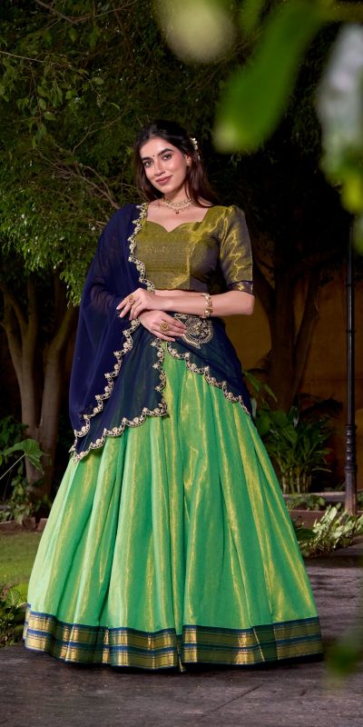 LNB 2009 Navy Blue Elevate your style with the Navy Blue Kanchipuram Weaving Lehenga Choli, featuring stunning zari work and a comfortable drawstring fit. | Lehenga, Bollywood Lehenga, Creative Lehenga, Designer Lehenga, Embroidered Lehenga, Party Wear Lehenga