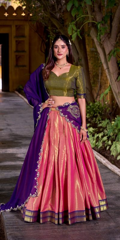 LNB 2009 Navy Blue Elevate your style with the Navy Blue Kanchipuram Weaving Lehenga Choli, featuring stunning zari work and a comfortable drawstring fit. | Lehenga, Bollywood Lehenga, Creative Lehenga, Designer Lehenga, Embroidered Lehenga, Party Wear Lehenga