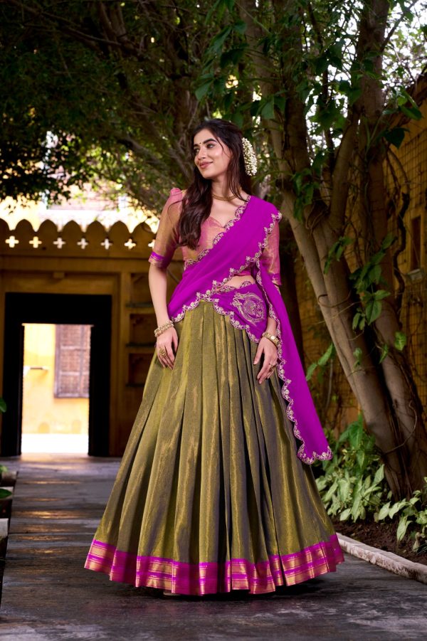 LNB 2009 Navy Blue Elevate your style with the Navy Blue Kanchipuram Weaving Lehenga Choli, featuring stunning zari work and a comfortable drawstring fit. | Lehenga, Bollywood Lehenga, Creative Lehenga, Designer Lehenga, Embroidered Lehenga, Party Wear Lehenga