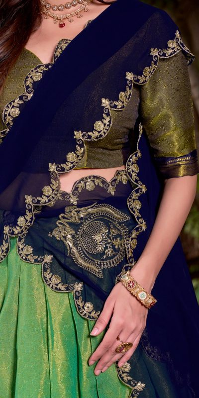 LNB 2009 Navy Blue Elevate your style with the Navy Blue Kanchipuram Weaving Lehenga Choli, featuring stunning zari work and a comfortable drawstring fit. | Lehenga, Bollywood Lehenga, Creative Lehenga, Designer Lehenga, Embroidered Lehenga, Party Wear Lehenga