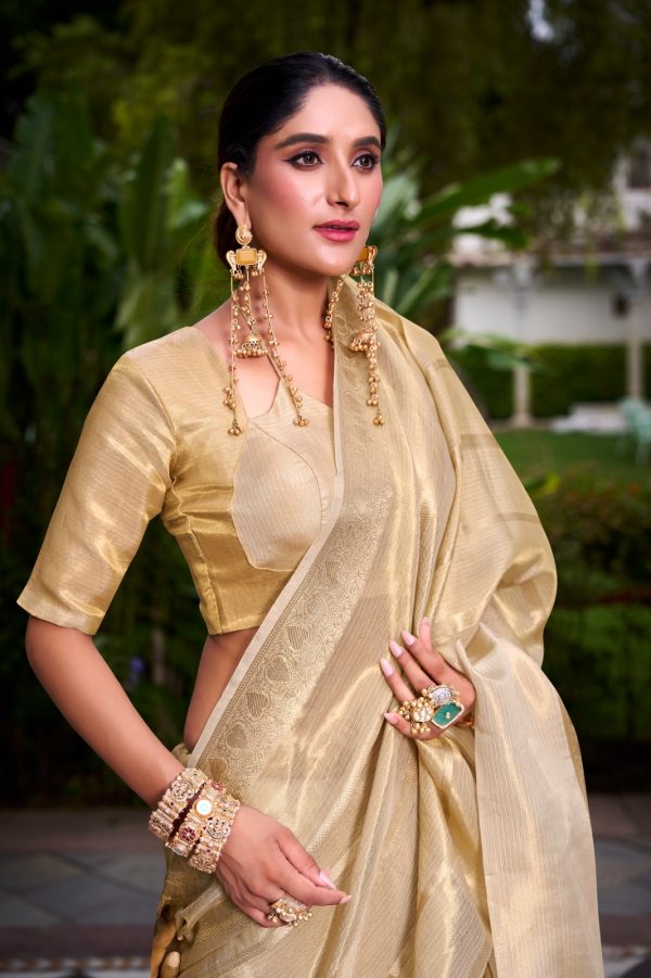 YNF 7204 Off White Color Gold Tissue Zari Weaving Work Saree Casual, Wedding, Festive, Events . Expected Delivery  4-6 Working Days @1499/- only                                                                                | Sarees, Bollywood Sarees, Creative Sarees, Designer Sarees, Embroidered Sarees, Ethnic Saree, Modern Digital sarees, Party Wear Sarees
