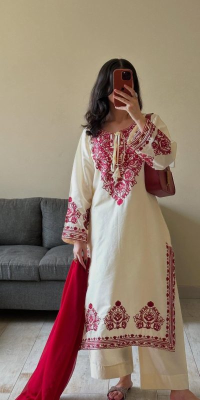 BE 386 Off White Color Roman Silk Embroidery Work Salwar Suit Casual, Wedding, Festive, Events . Expected Delivery  4-6 Working Days @1899/- only      | Jump Suits, Salwar suit, Casual Suits, Creative suits, Designer Suits, Palazzo Suits, Party Wear Suits, Patiala Suits, Straight Suits