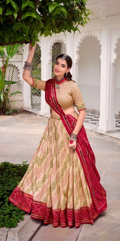LNB 1250 Off White Color Tasar Silk Bandhej Print With Gotta Patti Lace Lehenga Choli Festive Party Wedding, Events etc. Delivery 4-6 Working Days @2149/- | Lehenga, Bollywood Lehenga, Creative Lehenga, Designer Lehenga, Embroidered Lehenga, Party Wear Lehenga