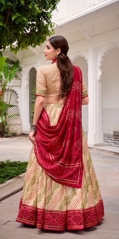 LNB 1250 Off White Color Tasar Silk Bandhej Print With Gotta Patti Lace Lehenga Choli Festive Party Wedding, Events etc. Delivery 4-6 Working Days @2149/- | Lehenga, Bollywood Lehenga, Creative Lehenga, Designer Lehenga, Embroidered Lehenga, Party Wear Lehenga