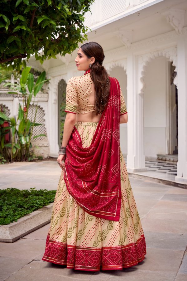 LNB 1250 Off White Color Tasar Silk Bandhej Print With Gotta Patti Lace Lehenga Choli Festive Party Wedding, Events etc. Delivery 4-6 Working Days @2149/- | Lehenga, Bollywood Lehenga, Creative Lehenga, Designer Lehenga, Embroidered Lehenga, Party Wear Lehenga