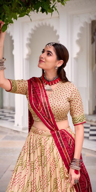 LNB 1250 Off White Color Tasar Silk Bandhej Print With Gotta Patti Lace Lehenga Choli Festive Party Wedding, Events etc. Delivery 4-6 Working Days @2149/- | Lehenga, Bollywood Lehenga, Creative Lehenga, Designer Lehenga, Embroidered Lehenga, Party Wear Lehenga