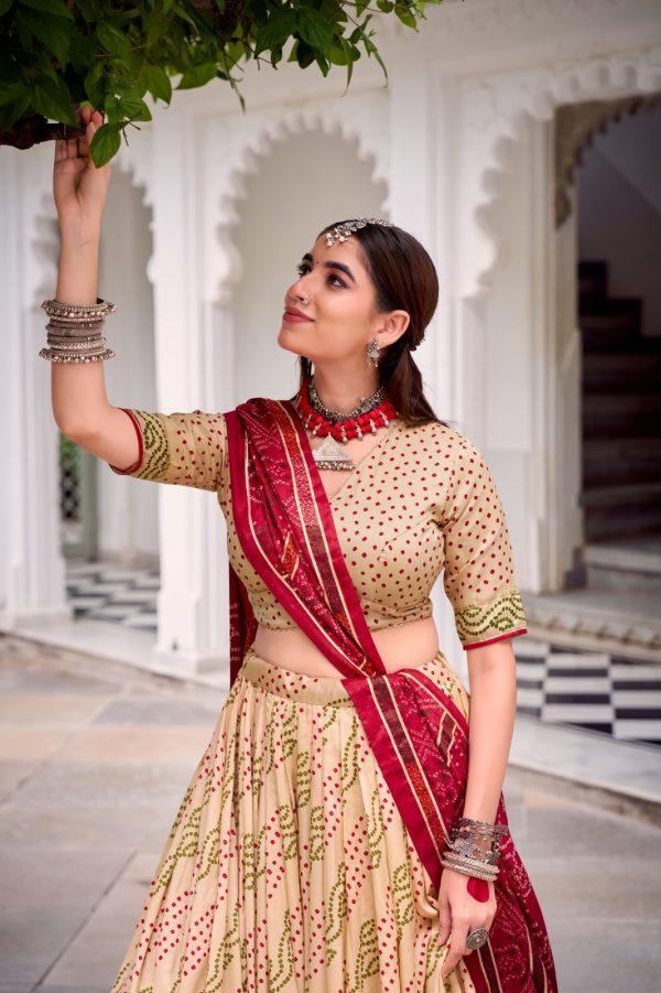 LNB 1250 Off White Color Tasar Silk Bandhej Print With Gotta Patti Lace Lehenga Choli Festive Party Wedding, Events etc. Delivery 4-6 Working Days @2149/- | Lehenga, Bollywood Lehenga, Creative Lehenga, Designer Lehenga, Embroidered Lehenga, Party Wear Lehenga