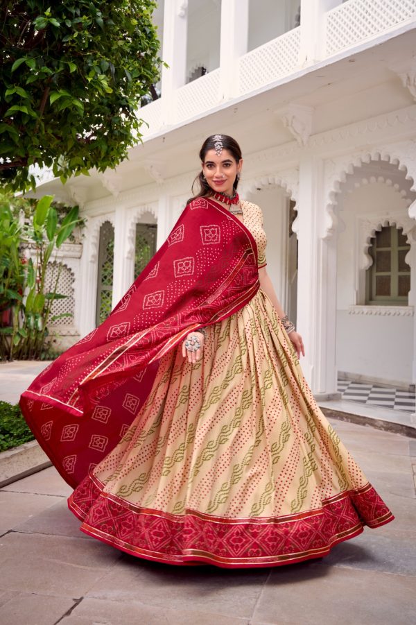 LNB 1250 Off White Color Tasar Silk Bandhej Print With Gotta Patti Lace Lehenga Choli Festive Party Wedding, Events etc. Delivery 4-6 Working Days @2149/- | Lehenga, Bollywood Lehenga, Creative Lehenga, Designer Lehenga, Embroidered Lehenga, Party Wear Lehenga