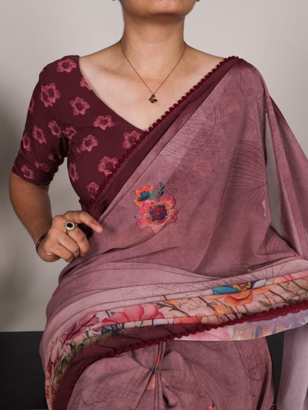 YNF 7009 Onion Color Georgette Floral Print With Lace Border Saree Casual, Wedding, Festive, Events . Expected Delivery  4-6 Working Days @1299/- only                                                                                | Sarees, Bollywood Sarees, Creative Sarees, Designer Sarees, Embroidered Sarees, Ethnic Saree, Modern Digital sarees, Party Wear Sarees