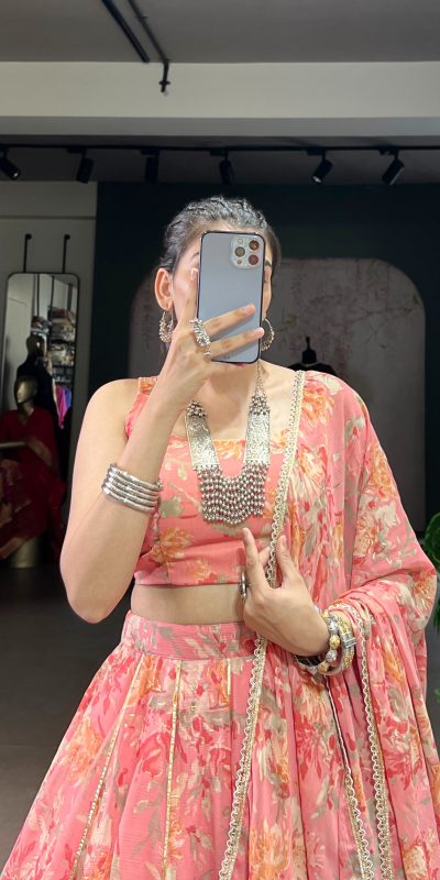 LNB 1672 Peach Color Chiffon Floral Print Foil Print Embossed Design Lehenga Choli Wedding, Party, Festive, Events Etc. Delivery 4-6 Working Days Rs 3499 | Lehenga, Bollywood Lehenga, Creative Lehenga, Designer Lehenga, Embroidered Lehenga, Party Wear Lehenga
