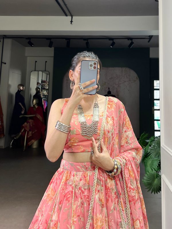 LNB 1672 Peach Color Chiffon Floral Print Foil Print Embossed Design Lehenga Choli Wedding, Party, Festive, Events Etc. Delivery 4-6 Working Days Rs 3499 | Lehenga, Bollywood Lehenga, Creative Lehenga, Designer Lehenga, Embroidered Lehenga, Party Wear Lehenga