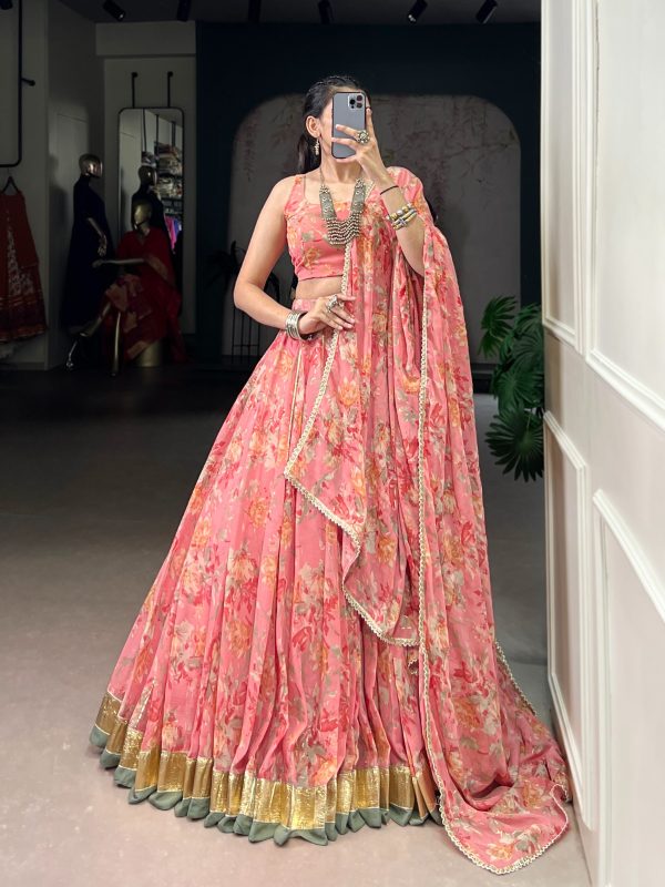 LNB 1672 Peach Color Chiffon Floral Print Foil Print Embossed Design Lehenga Choli Wedding, Party, Festive, Events Etc. Delivery 4-6 Working Days Rs 3499 | Lehenga, Bollywood Lehenga, Creative Lehenga, Designer Lehenga, Embroidered Lehenga, Party Wear Lehenga