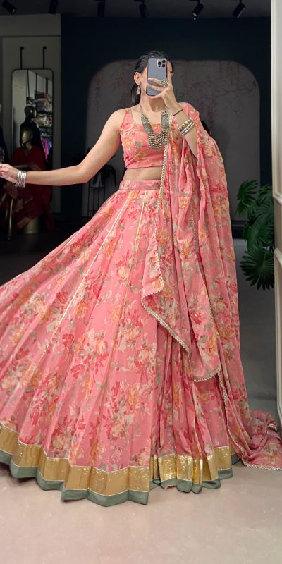 LNB 1672 Peach Color Chiffon Floral Print Foil Print Embossed Design Lehenga Choli Wedding, Party, Festive, Events Etc. Delivery 4-6 Working Days Rs 3499 | Lehenga, Bollywood Lehenga, Creative Lehenga, Designer Lehenga, Embroidered Lehenga, Party Wear Lehenga