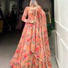YNF 5010 Peach Color Georgette Floral Print With Lace Touch Up Gown Casual, Wedding, Festive, Events . Expected Delivery  4-6 Working Days @1849/- only      | Gowns, Bollywood Gowns, Creative Gowns, Designer Gowns, Embroidered Gowns, Party Wear Gowns