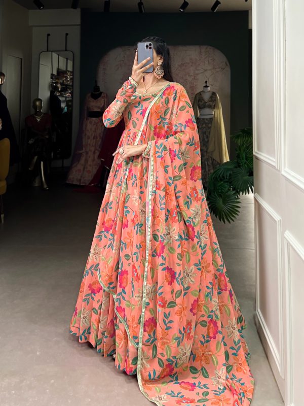 YNF 5010 Peach Color Georgette Floral Print With Lace Touch Up Gown Casual, Wedding, Festive, Events . Expected Delivery  4-6 Working Days @1849/- only      | Gowns, Bollywood Gowns, Creative Gowns, Designer Gowns, Embroidered Gowns, Party Wear Gowns