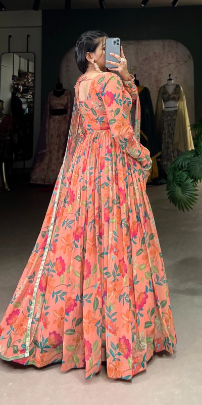 YNF 5010 Peach Color Georgette Floral Print With Lace Touch Up Gown Casual, Wedding, Festive, Events . Expected Delivery  4-6 Working Days @1849/- only      | Gowns, Bollywood Gowns, Creative Gowns, Designer Gowns, Embroidered Gowns, Party Wear Gowns