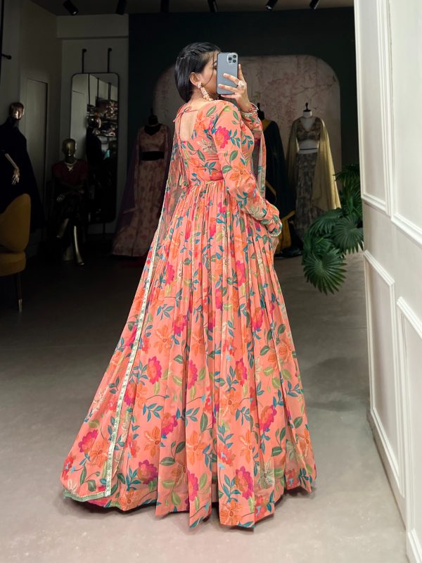 YNF 5010 Peach Color Georgette Floral Print With Lace Touch Up Gown Casual, Wedding, Festive, Events . Expected Delivery  4-6 Working Days @1849/- only      | Gowns, Bollywood Gowns, Creative Gowns, Designer Gowns, Embroidered Gowns, Party Wear Gowns