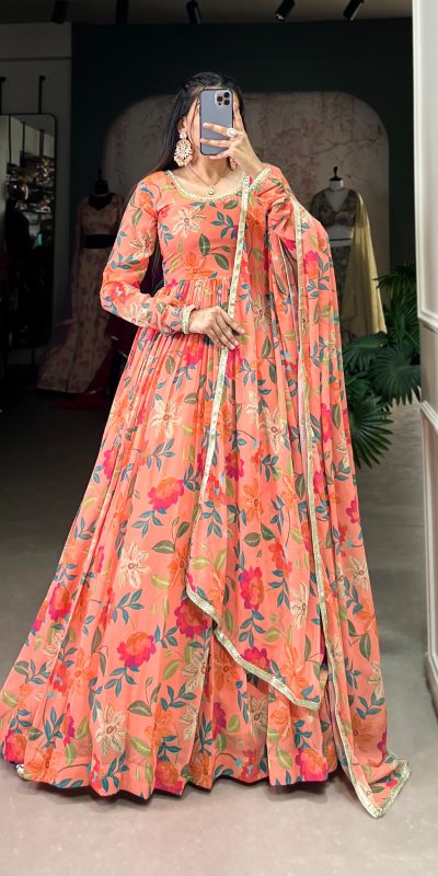 YNF 5010 Peach Color Georgette Floral Print With Lace Touch Up Gown Casual, Wedding, Festive, Events . Expected Delivery  4-6 Working Days @1849/- only      | Gowns, Bollywood Gowns, Creative Gowns, Designer Gowns, Embroidered Gowns, Party Wear Gowns
