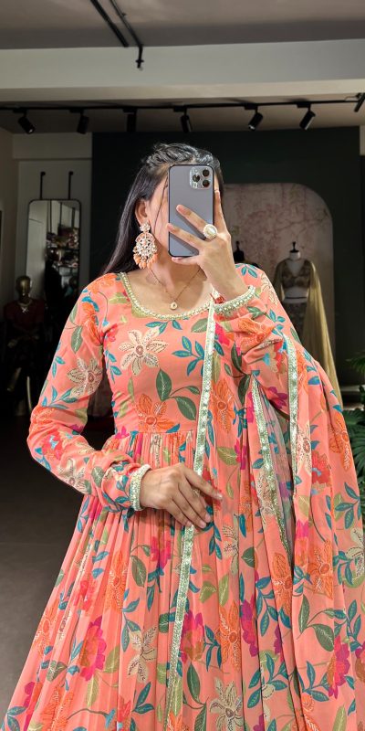 YNF 5010 Peach Color Georgette Floral Print With Lace Touch Up Gown Casual, Wedding, Festive, Events . Expected Delivery  4-6 Working Days @1849/- only      | Gowns, Bollywood Gowns, Creative Gowns, Designer Gowns, Embroidered Gowns, Party Wear Gowns