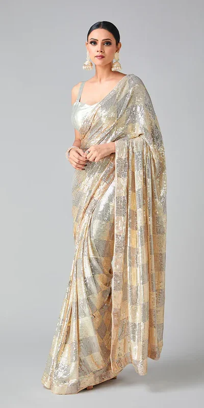 DF 3426 Peach Color Georgette 5MM Sequins Embroidery Work Saree Casual, Wedding, Festive, Events . Expected Delivery  4-6 Working Days @1749/- only                                                 | Sarees, Bollywood Sarees, Creative Sarees, Designer Sarees, Embroidered Sarees, Ethnic Saree, Modern Digital sarees, Party Wear Sarees