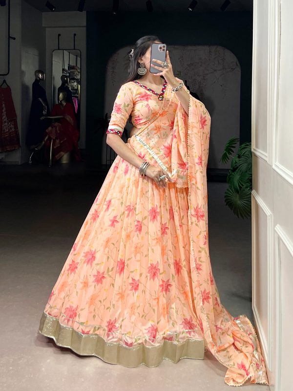 LNB 1716 Peach Color Tabby Silk Floral Print Embossed Design Lace Lehenga Choli Wedding, Party, Festive, Events Etc. Delivery 4-6 Working Days Rs 2499 | Lehenga, Bollywood Lehenga, Creative Lehenga, Designer Lehenga, Embroidered Lehenga, Party Wear Lehenga